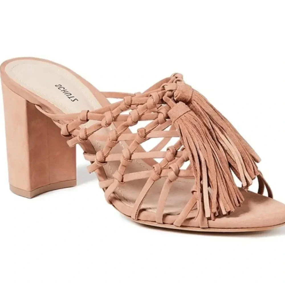 Schutz Emily Toasted Nut Block Heel Woven Suede Tassel Mule Pump Sandals 10